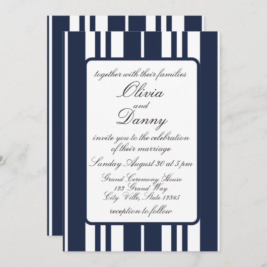 Marine Blauw Wit Strepen Kustkust bruiloft Kaart (Voorkant / Achterkant)