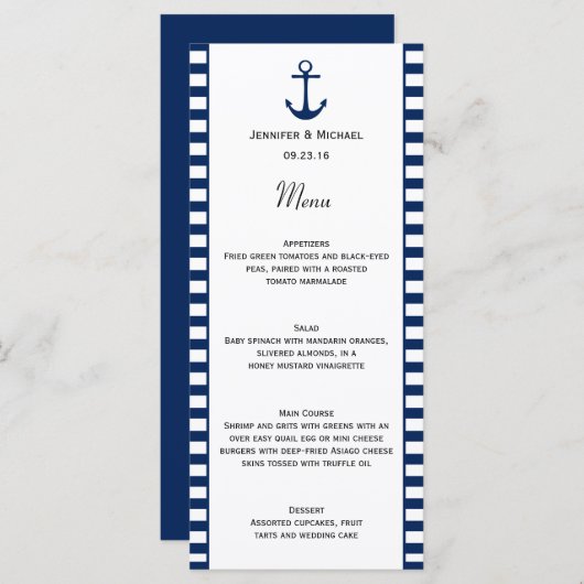 Marine Blauw Wit Strepen Nautisch Thema Menu (Voorkant / Achterkant)