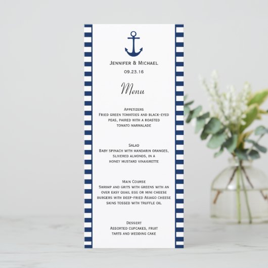 Marine Blauw Wit Strepen Nautisch Thema Menu (Staand voorkant)