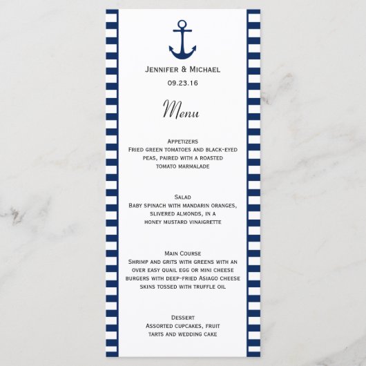 Marine Blauw Wit Strepen Nautisch Thema Menu (Voorkant)