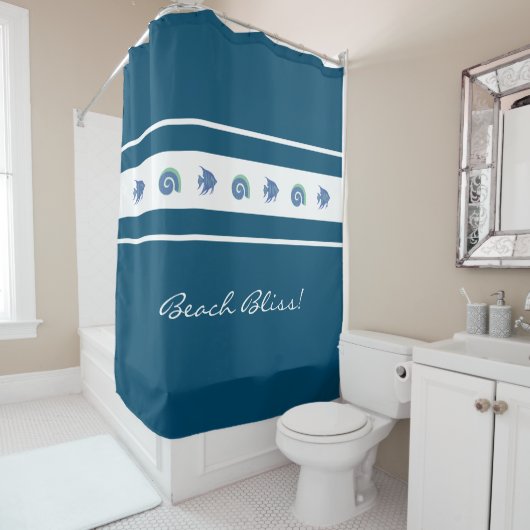 Marine Blauw Wit Strepen Schelpen Fish Beach House Douchegordijn (In situ)