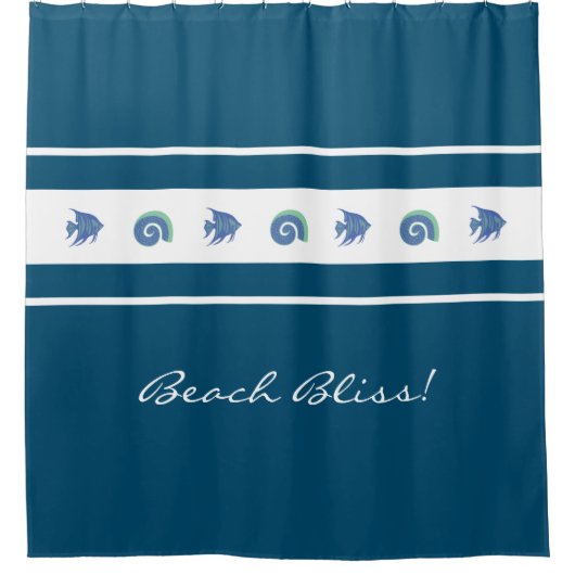 Marine Blauw Wit Strepen Schelpen Fish Beach House Douchegordijn (Voorkant)