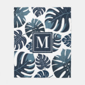 Marine Blauw & Wit Tropisch Monstera Blad Fleece Deken (Voorkant)