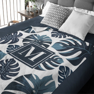 Marine Blauw & Wit Tropisch Monstera Blad Fleece Deken