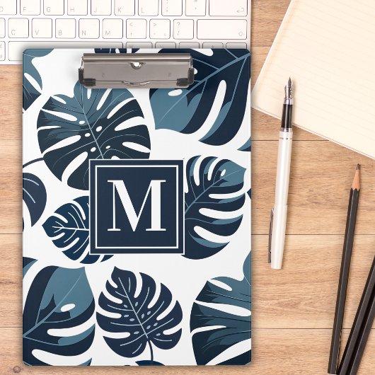 Marine Blauw & Wit Tropisch Monstera Blad Klembord