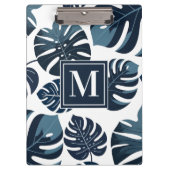 Marine Blauw & Wit Tropisch Monstera Blad Klembord (Voorkant)