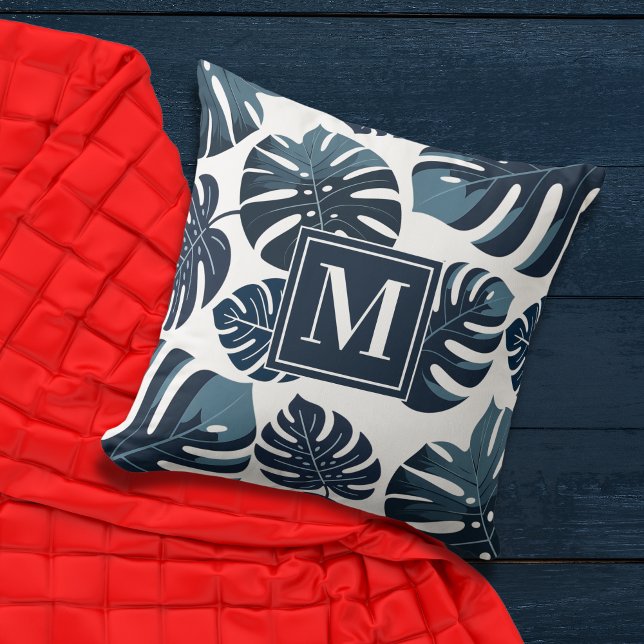 Marine Blauw & Wit Tropisch Monstera Blad Kussen (Creator heeft geüpload)