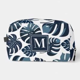 Marine Blauw & Wit Tropisch Monstera Blad Toilettasje