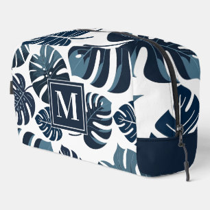 Marine Blauw & Wit Tropisch Monstera Blad Toilettasje