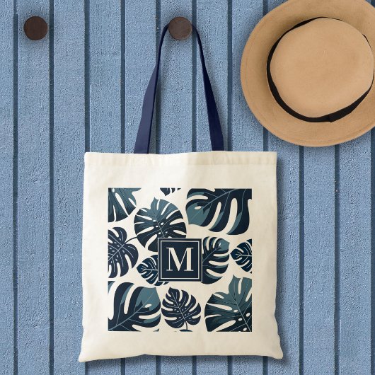 Marine Blauw & Wit Tropisch Monstera Blad Tote Bag