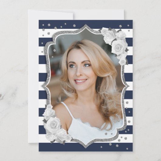 Marine Blauw Wit Zilver Foto 50e Verjaardag Kaart (Achterkant)