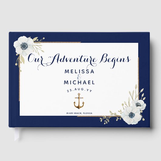 Marine Blauw & Witte Anemonen⚓ Nautische bruiloft Gastenboek (Voorkant)