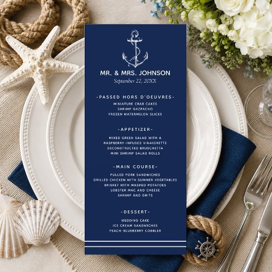 Marine-blauw-witte anker-zeezijde bruiloft menu