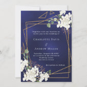 Marine blauw witte bloemen goud geometrische bruil kaart (Voorkant)