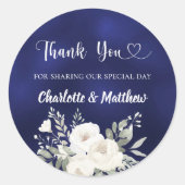 Marine blauw witte bloemen hart dank u bruiloft ronde sticker (Voorkant)