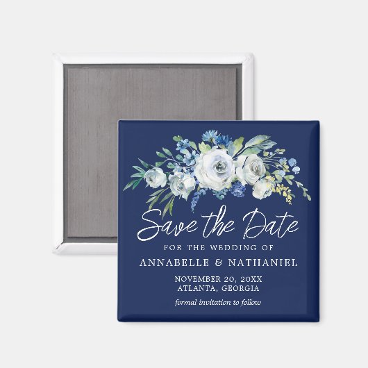 Marine Blauw Witte Bloemen Winter Save the Date Magneet (Voorkant / Achterkant)