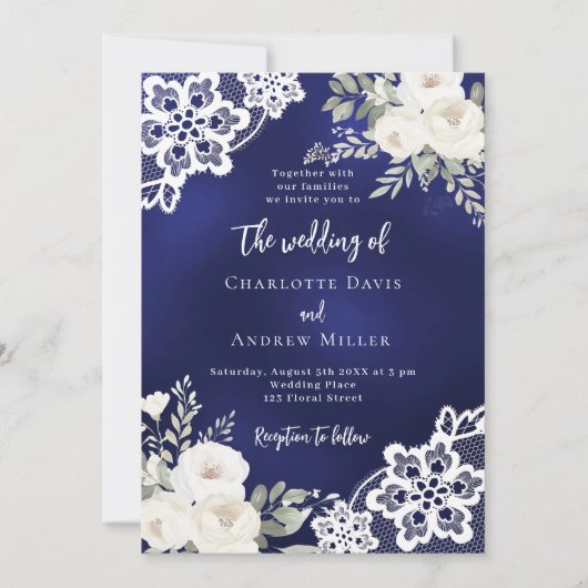 Marine blauw witte rozen kant QR code bruiloft Kaart (Voorkant)