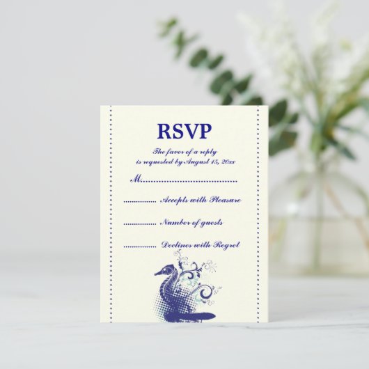 Marine blauw zeepaardje op ivoren bruiloft RSVP-ka RSVP Kaartje (Staand voorkant)