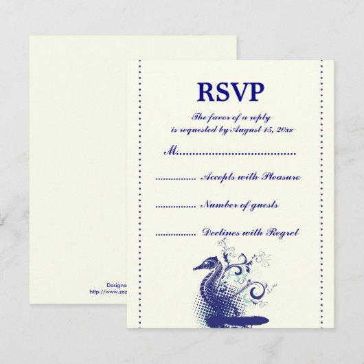 Marine blauw zeepaardje op ivoren bruiloft RSVP-ka RSVP Kaartje (Voorkant / Achterkant)