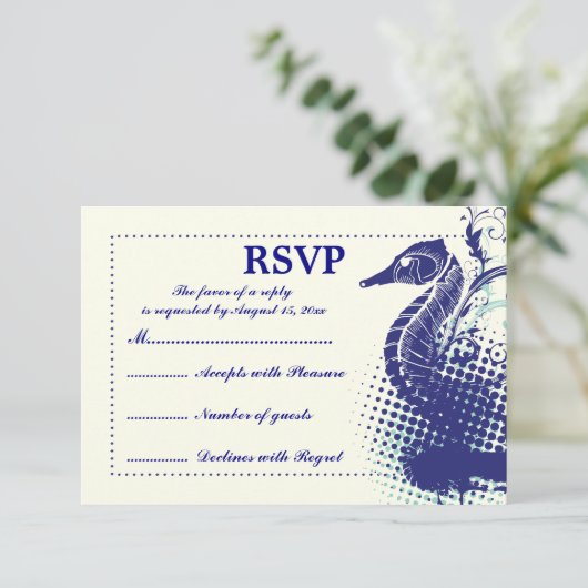 Marine blauw zeepaardje op ivoren zomerbruiloft RS RSVP Kaartje (Staand voorkant)