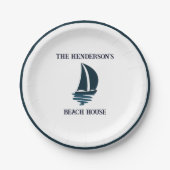 Marine Blauw Zeilboot Nautisch Beach House Party Papieren Bordje (Voorkant)