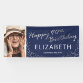 Marine Blauw Zilver 90e Verjaardag Foto Spandoek (Horizontaal)