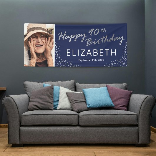 Marine Blauw Zilver 90e Verjaardag Foto Spandoek