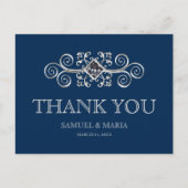 Marine Blauw Zilver Bloeiende Bruiloft Dank u Briefkaart (Voorkant)