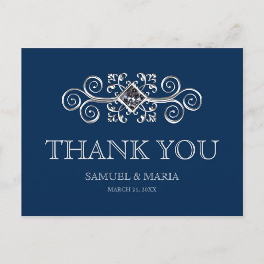 Marine Blauw Zilver Bloeiende Bruiloft Dank u Briefkaart (Voorkant)