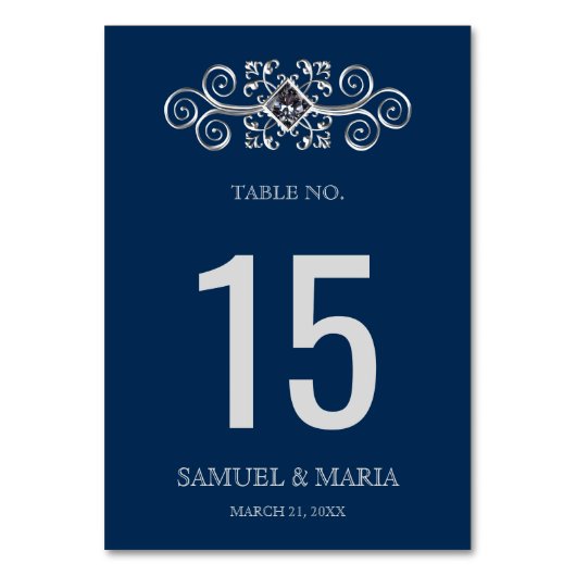 Marine Blauw Zilver Bloeiende Bruiloft Tafel Numme Kaart (Achterkant)