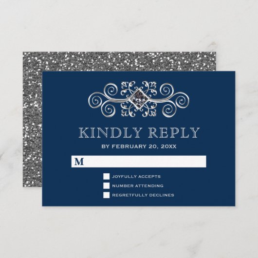 Marine Blauw Zilver Bloeit RSVP (Voorkant / Achterkant)
