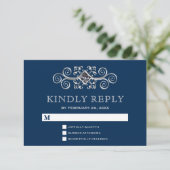 Marine Blauw Zilver Bloeit RSVP Kaartje (Staand voorkant)