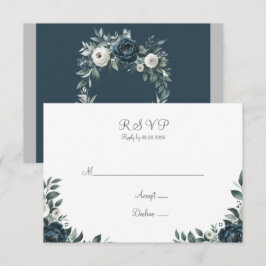 Marine Blauw & Zilver Bloemen Huwelijk RSVP Kaartje