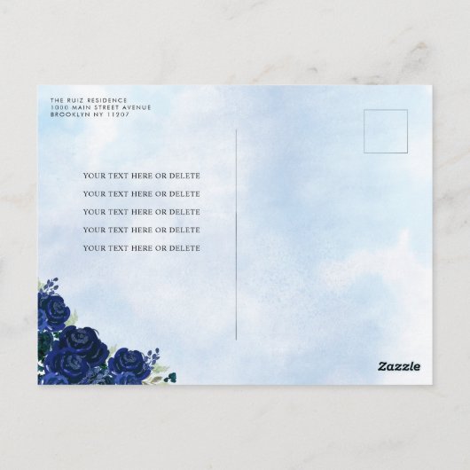 Marine Blauw Zilver Bloemen Prinses Quinceañera RS Briefkaart (Achterkant)