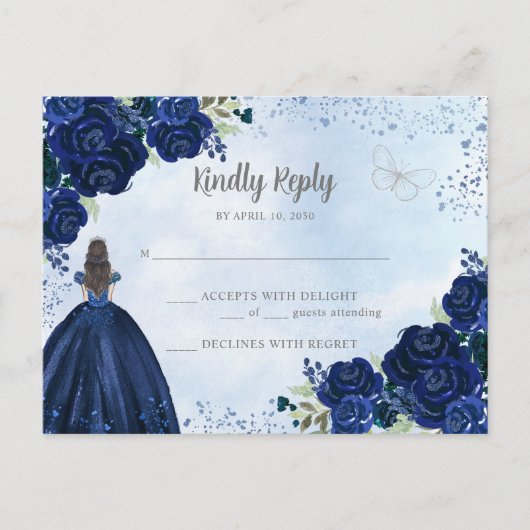 Marine Blauw Zilver Bloemen Prinses Quinceañera RS Briefkaart (Voorkant)