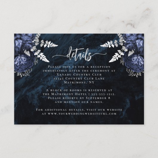 Marine Blauw Zilver Bloemen Script Trouwdetails Informatiekaartje (Voorkant)