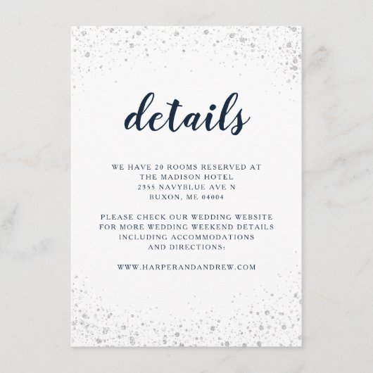 Marine Blauw Zilver Bruiloft Details Informatiekaartje (Voorkant)