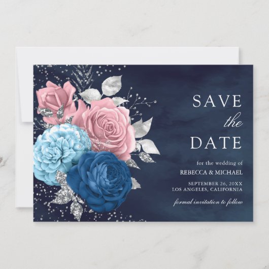 Marine Blauw Zilver Dusty Roze Bloemen Huwelijk Save The Date (Voorkant)