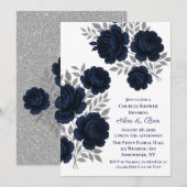 Marine Blauw & Zilver Glitter Bladeren Paren Douch Kaart (Voorkant / Achterkant)