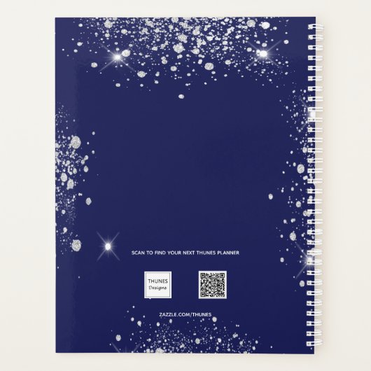 Marine blauw zilver glitter stof monogram script 2 planner (Achterkant)