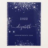 Marine blauw zilver glitter stof monogram script 2 planner (Voorkant)