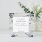 Marine Blauw Zilver Grijs Bloemen Patroon Bruiloft Kaart (Staand voorkant)