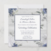 Marine Blauw Zilver Grijs Bloemen Patroon Bruiloft Kaart (Voorkant)