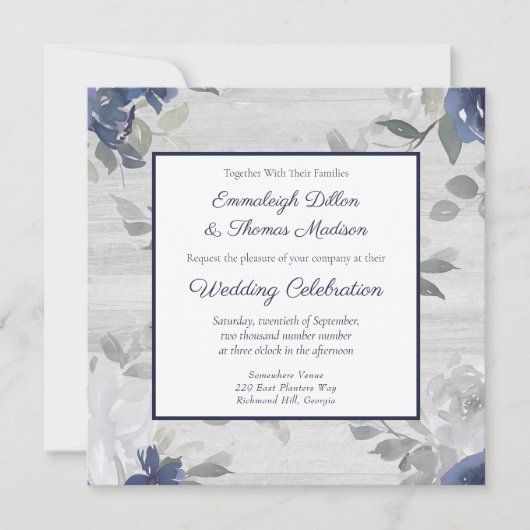 Marine Blauw Zilver Grijs Bloemen Patroon Bruiloft Kaart (Voorkant)