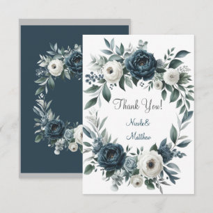 Marine Blauw & Zilver Ivoor Bloemen Huwelijk Bedankkaart