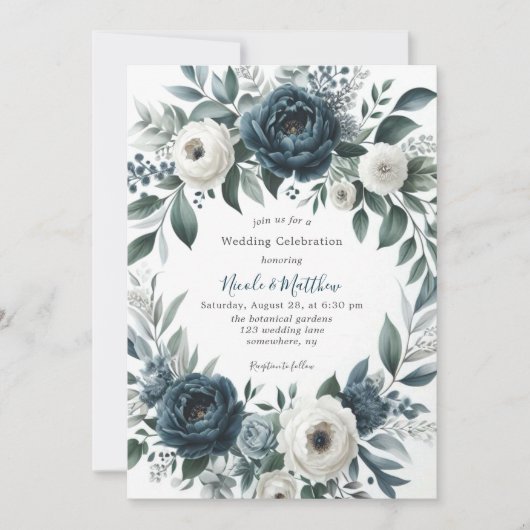 Marine Blauw Zilver Ivoor Bloemen Huwelijksfeest Kaart (Voorkant)