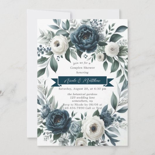 Marine Blauw & Zilver Ivoor Bloemen Koppels Douche Kaart (Voorkant)