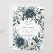 Marine Blauw & Zilver Ivoor Bloemen Trouwdouche Kaart (Voorkant)