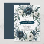 Marine Blauw & Zilver Ivoor Bloemen Verlovingsfees Kaart (Voorkant / Achterkant)