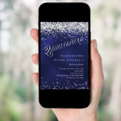 Marine blauw zilver script elegante Quinceanera Kaart